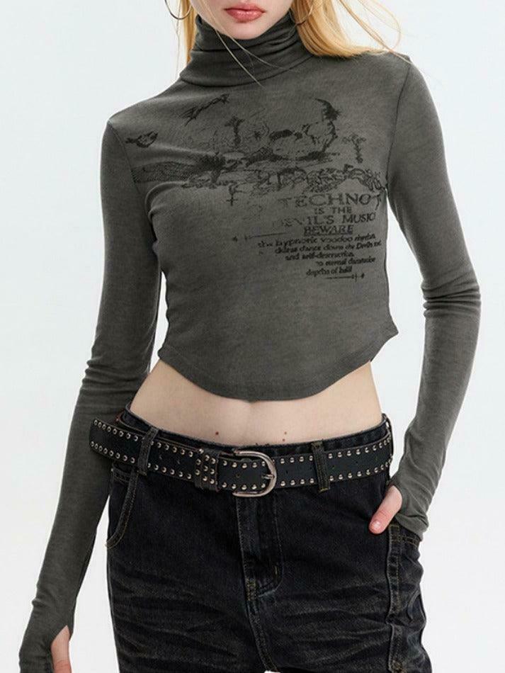 Skull Print High Neck Asymmetric Hem Long Sleeve Tee - Y2K Fashion Statement Piece Skull Print High Neck Asymmetric Hem Long Sleeve Tee - Y2K Fashion Statement Piece