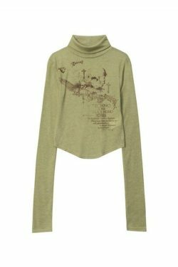 Skull Print High Neck Asymmetric Hem Long Sleeve Tee - Y2K Fashion Statement Piece