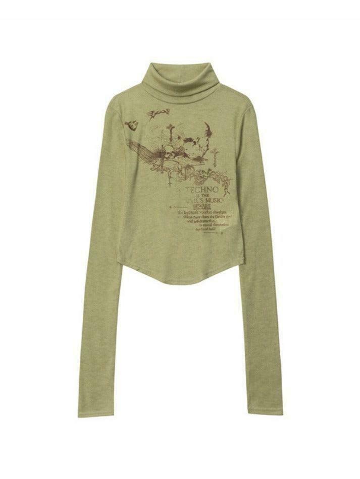 Skull Print High Neck Asymmetric Hem Long Sleeve Tee - Y2K Fashion Statement Piece Skull Print High Neck Asymmetric Hem Long Sleeve Tee - Y2K Fashion Statement Piece
