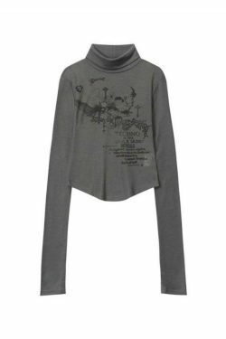 Skull Print High Neck Asymmetric Hem Long Sleeve Tee - Y2K Fashion Statement Piece