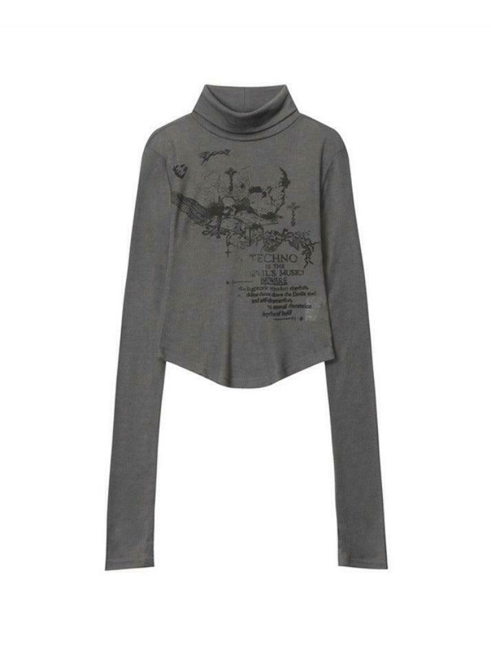 Skull Print High Neck Asymmetric Hem Long Sleeve Tee - Y2K Fashion Statement Piece Skull Print High Neck Asymmetric Hem Long Sleeve Tee - Y2K Fashion Statement Piece