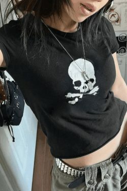 Skull Print Y2K Crop Top: Coquette Grunge Style, Cute Tops, Pastel Goth, Cargo Skirt