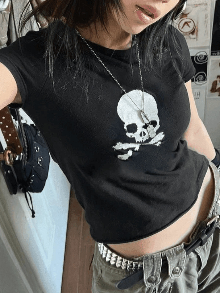 Skull Print Y2K Crop Top: Coquette Grunge Style, Cute Tops, Pastel Goth, Cargo Skirt Skull Print Y2K Crop Top: Coquette Grunge Style, Cute Tops, Pastel Goth, Cargo Skirt