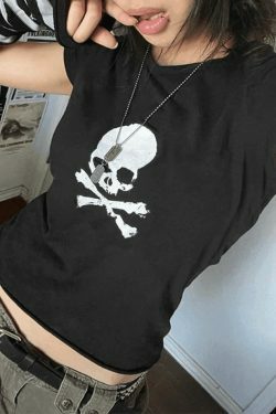Skull Print Y2K Crop Top: Coquette Grunge Style, Cute Tops, Pastel Goth, Cargo Skirt