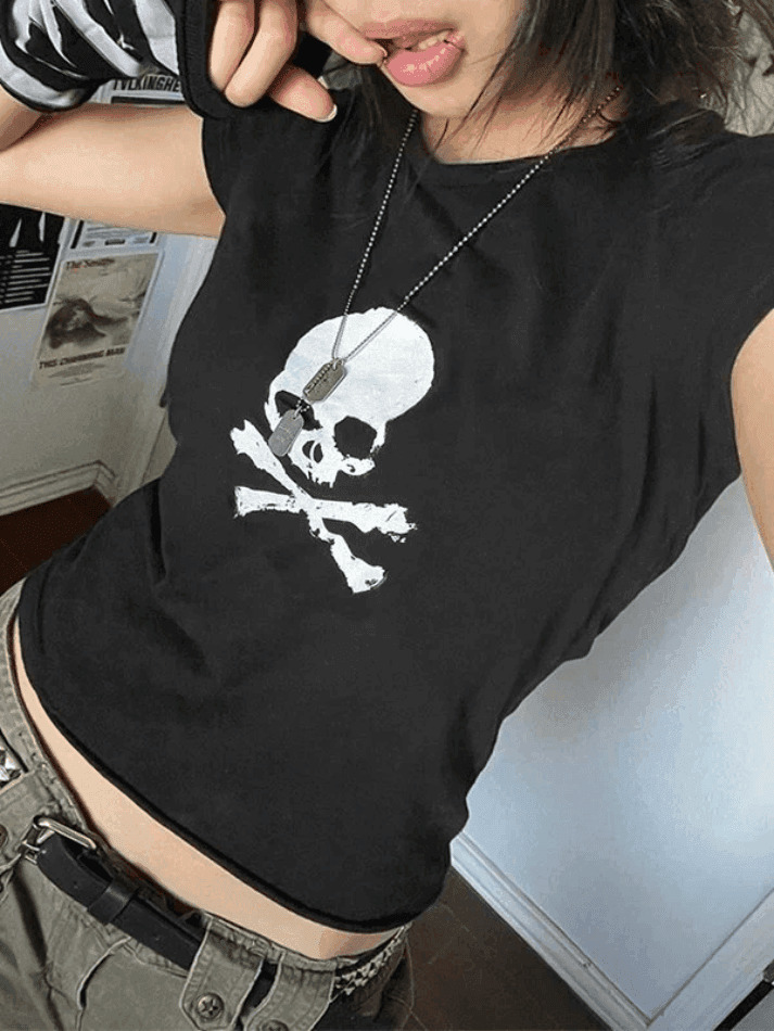 Skull Print Y2K Crop Top: Coquette Grunge Style, Cute Tops, Pastel Goth, Cargo Skirt Skull Print Y2K Crop Top: Coquette Grunge Style, Cute Tops, Pastel Goth, Cargo Skirt