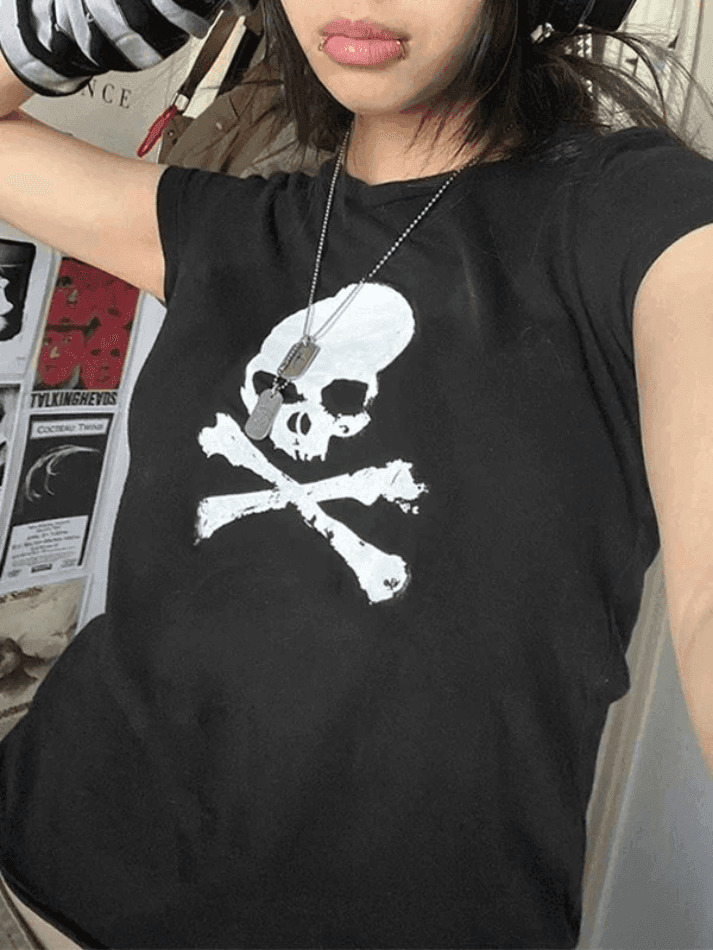 Skull Print Y2K Crop Top: Coquette Grunge Style, Cute Tops, Pastel Goth, Cargo Skirt Skull Print Y2K Crop Top: Coquette Grunge Style, Cute Tops, Pastel Goth, Cargo Skirt