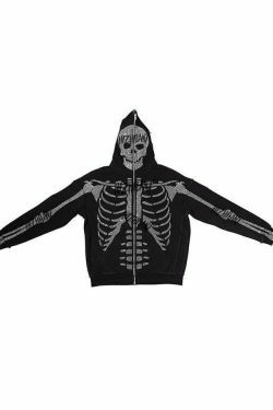 Skull Rhinestone Zipper Hoodie - Y2K Aesthetic Grunge Style Coquette Fashion