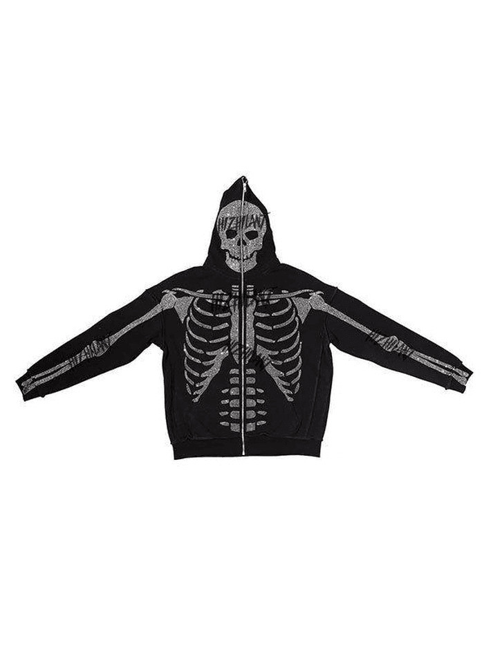 Skull Rhinestone Zipper Hoodie - Y2K Aesthetic Grunge Style Coquette Fashion