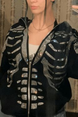 Skull Rhinestone Zipper Hoodie - Y2K Aesthetic Grunge Style Coquette Fashion
