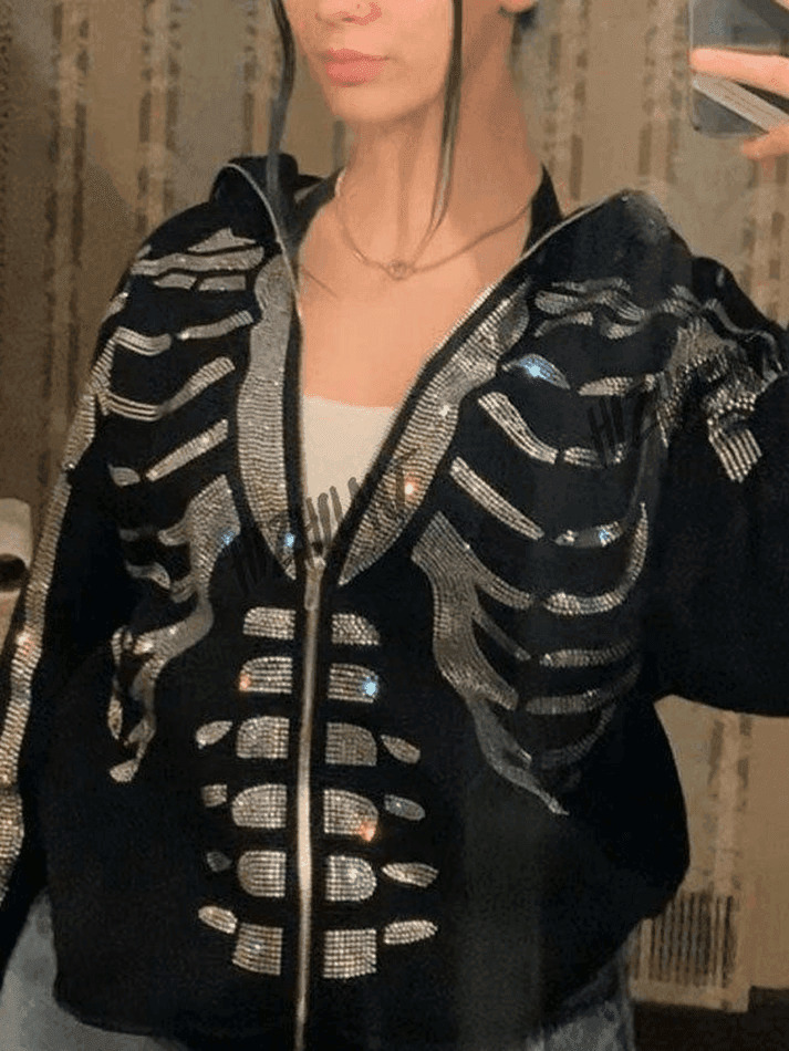 Skull Rhinestone Zipper Hoodie - Y2K Aesthetic Grunge Style Coquette Fashion