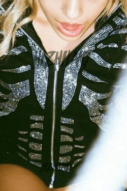 Skull Rhinestone Zipper Hoodie - Y2K Aesthetic Grunge Style Coquette Fashion
