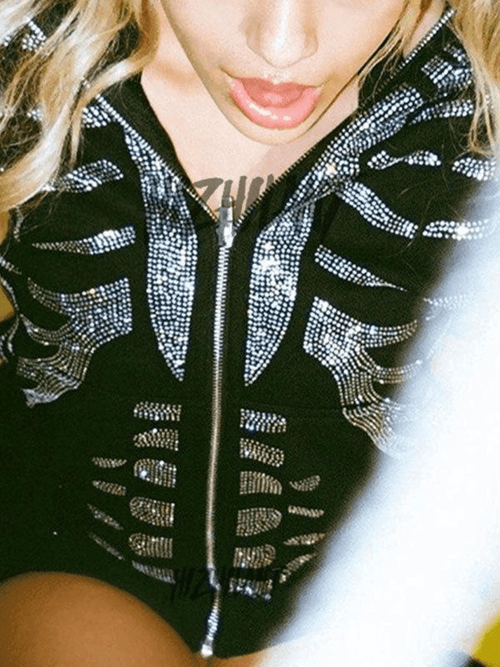 Skull Rhinestone Zipper Hoodie - Y2K Aesthetic Grunge Style Coquette Fashion