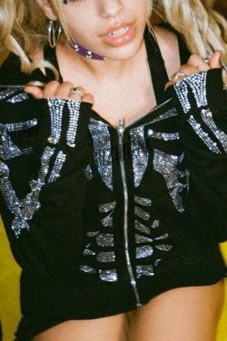 Skull Rhinestone Zipper Hoodie - Y2K Aesthetic Grunge Style Coquette Fashion