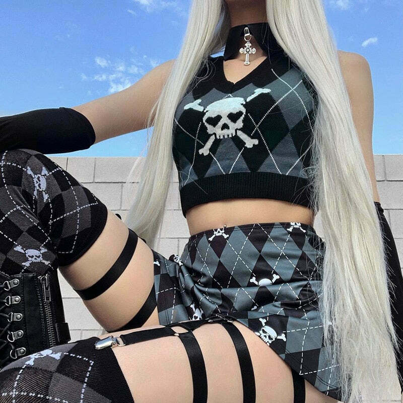 Skull Sweater Vest - Y2K Aesthetic Clothing for Women with Coquette and Grunge Style Skull Sweater Vest - Y2K Aesthetic Clothing for Women with Coquette and Grunge Style