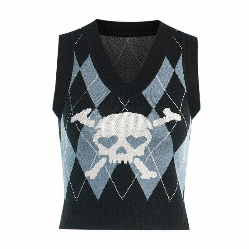 Skull Sweater Vest - Y2K Aesthetic Clothing for Women with Coquette and Grunge Style Skull Sweater Vest - Y2K Aesthetic Clothing for Women with Coquette and Grunge Style