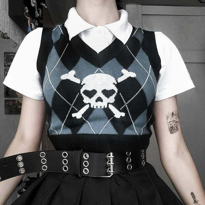 Skull Sweater Vest - Y2K Aesthetic Clothing for Women with Coquette and Grunge Style Skull Sweater Vest - Y2K Aesthetic Clothing for Women with Coquette and Grunge Style