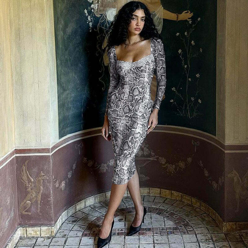 Snake Print Collar Long-Sleeved Slim Dress: Y2K Aesthetic Fashion for Women - Coquette Style,