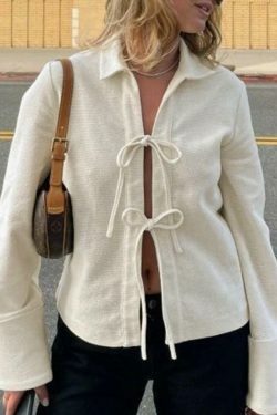 Solid Color Lace Up Cardigan: Coquette Aesthetic Long Sleeve Blouse for Y2K Fashion Enthusiasts