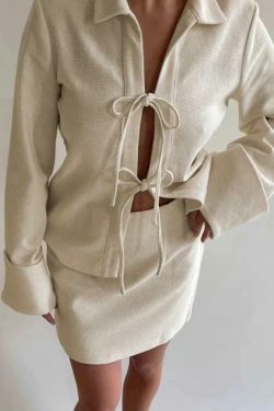 Solid Color Lace Up Cardigan: Coquette Aesthetic Long Sleeve Blouse for Y2K Fashion Enthusiasts