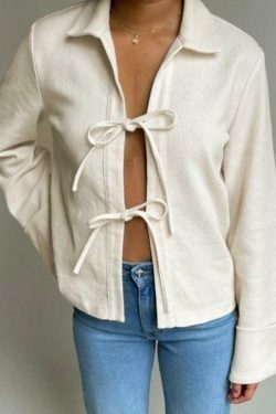 Solid Color Lace Up Cardigan: Coquette Aesthetic Long Sleeve Blouse for Y2K Fashion Enthusiasts