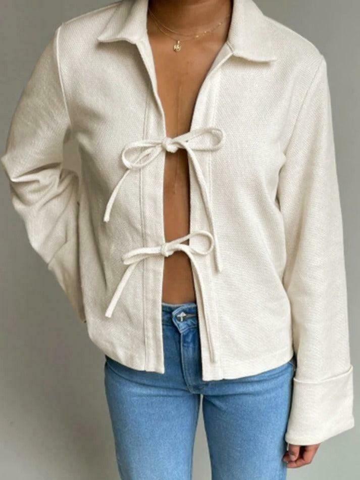 Solid Color Lace Up Cardigan: Coquette Aesthetic Long Sleeve Blouse for Y2K Fashion Enthusiasts Solid Color Lace Up Cardigan: Coquette Aesthetic Long Sleeve Blouse for Y2K Fashion Enthusiasts