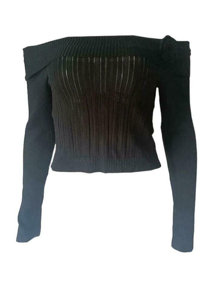 Solid Flower Decor Off Shoulder Sweater - Y2K Aesthetic Coquette Style for Women's Fashion Solid Flower Decor Off Shoulder Sweater - Y2K Aesthetic Coquette Style for Women's Fashion
