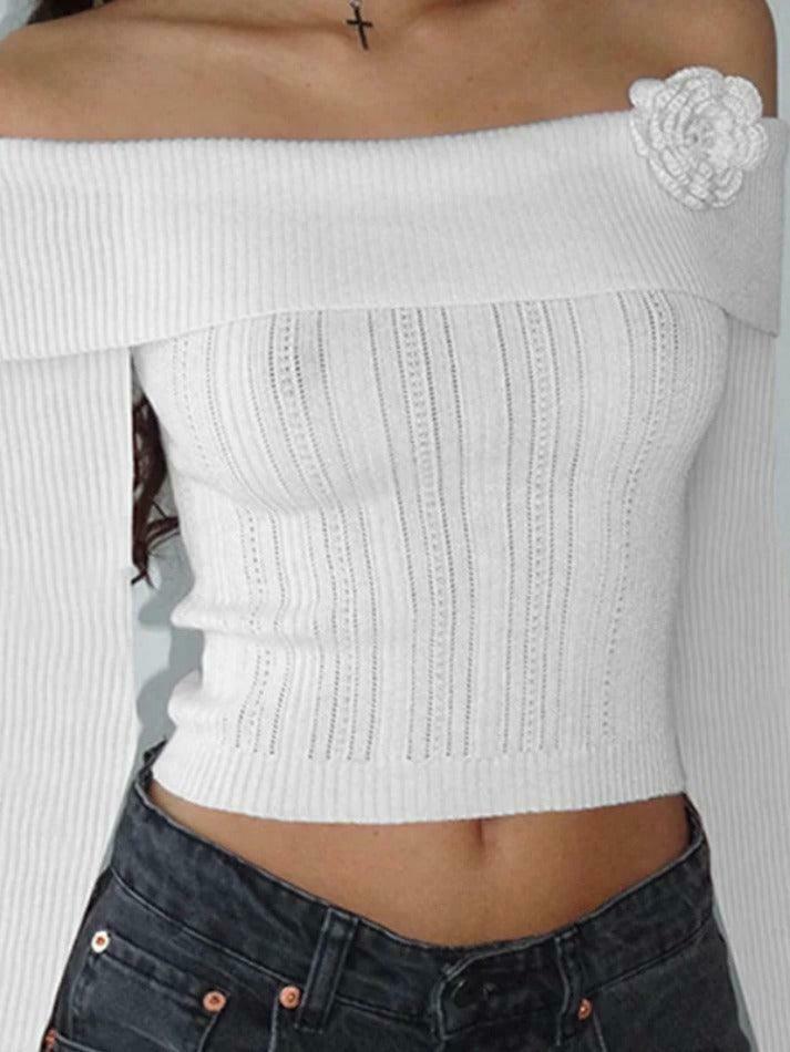 Solid Flower Decor Off Shoulder Sweater - Y2K Aesthetic Coquette Style for Women's Fashion Solid Flower Decor Off Shoulder Sweater - Y2K Aesthetic Coquette Style for Women's Fashion