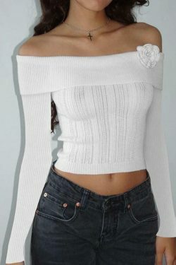 Solid Flower Decor Off Shoulder Sweater - Y2K Aesthetic Coquette Style for Women's Fashion