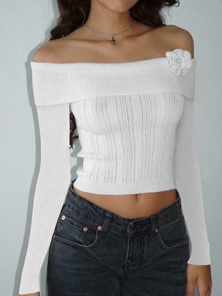 Solid Flower Decor Off Shoulder Sweater - Y2K Aesthetic Coquette Style for Women's Fashion Solid Flower Decor Off Shoulder Sweater - Y2K Aesthetic Coquette Style for Women's Fashion