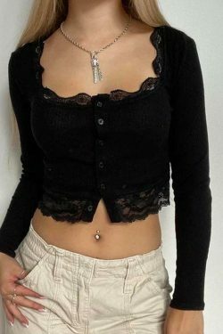 Solid Lace Trim Splice U Neck Long Sleeve Knit Sweater - Y2K Fashion Aesthetic Women's Top