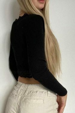 Solid Lace Trim Splice U Neck Long Sleeve Knit Sweater - Y2K Fashion Aesthetic Women's Top