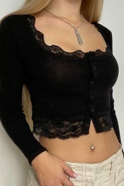 Solid Lace Trim Splice U Neck Long Sleeve Knit Sweater - Y2K Fashion Aesthetic Women's Top