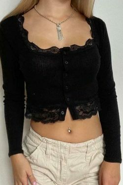 Solid Lace Trim Splice U Neck Long Sleeve Knit Sweater - Y2K Fashion Aesthetic Women's Top