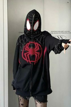 Spider Print Oversized Hoodie: Y2K Aesthetic Coquette Fashion with Grunge Style and Cute Tops