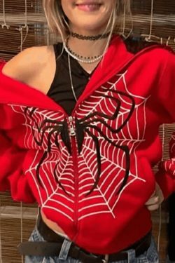Spider Print Zip-Up Hoodie - Y2K Aesthetic Fashion - Coquette Grunge Outfit