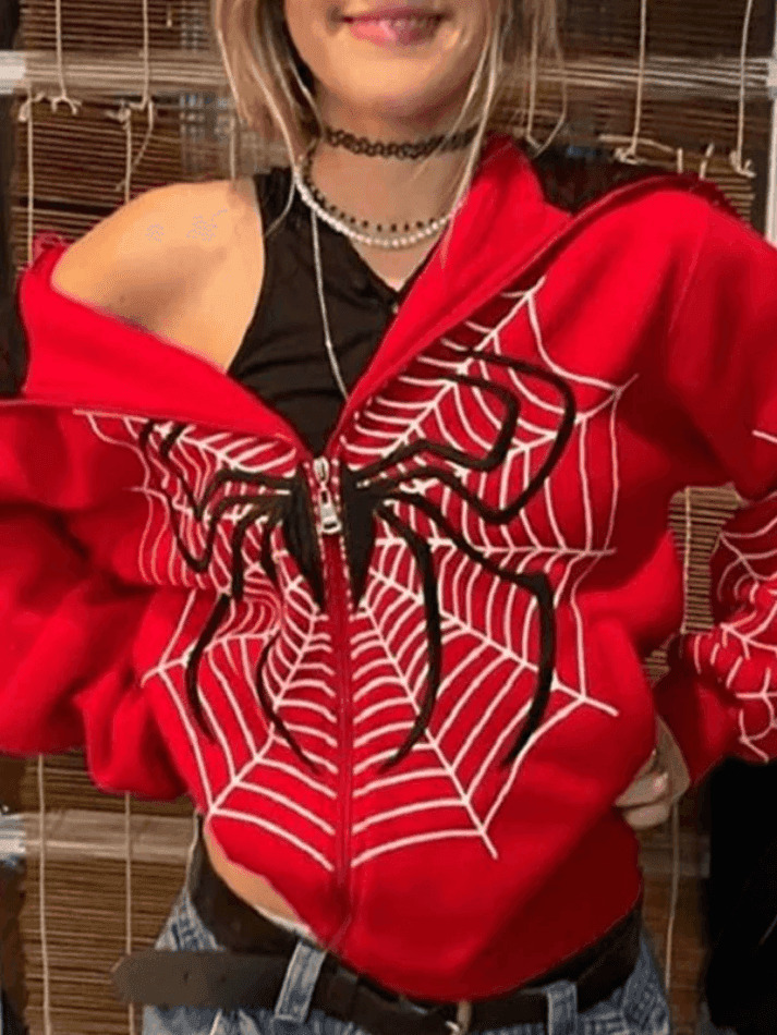 Spider Print Zip-Up Hoodie - Y2K Aesthetic Fashion - Coquette Grunge Outfit Spider Print Zip-Up Hoodie - Y2K Aesthetic Fashion - Coquette Grunge Outfit
