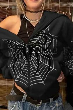Spider Print Zip-Up Hoodie - Y2K Aesthetic Fashion - Coquette Grunge Outfit