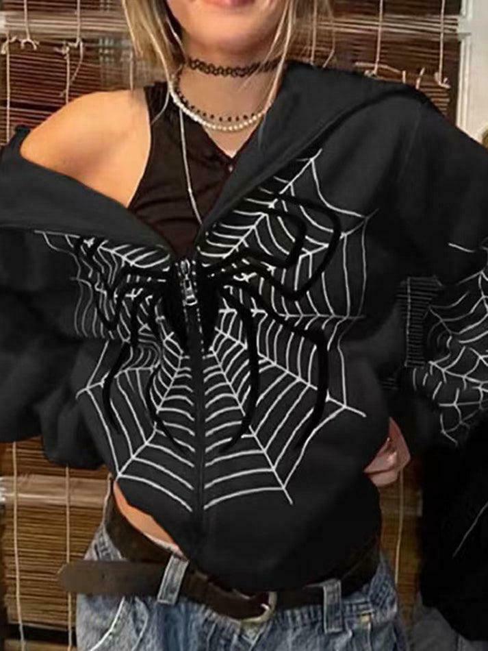 Spider Print Zip-Up Hoodie - Y2K Aesthetic Fashion - Coquette Grunge Outfit Spider Print Zip-Up Hoodie - Y2K Aesthetic Fashion - Coquette Grunge Outfit