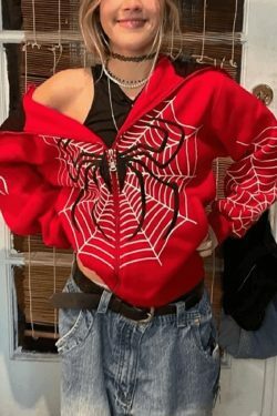 Spider Print Zip-Up Hoodie - Y2K Aesthetic Fashion - Coquette Grunge Outfit