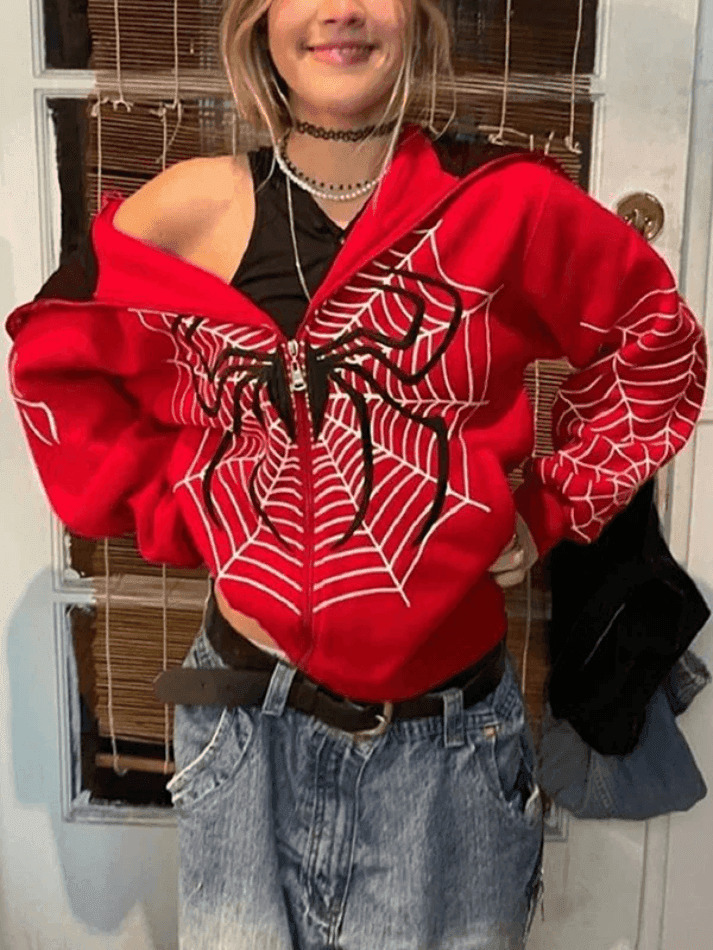 Spider Print Zip-Up Hoodie - Y2K Aesthetic Fashion - Coquette Grunge Outfit Spider Print Zip-Up Hoodie - Y2K Aesthetic Fashion - Coquette Grunge Outfit