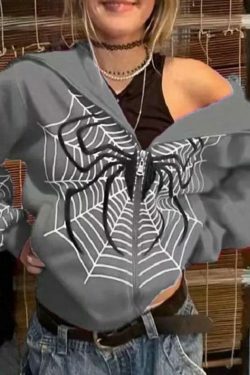 Spider Print Zip-Up Hoodie - Y2K Aesthetic Fashion - Coquette Grunge Outfit