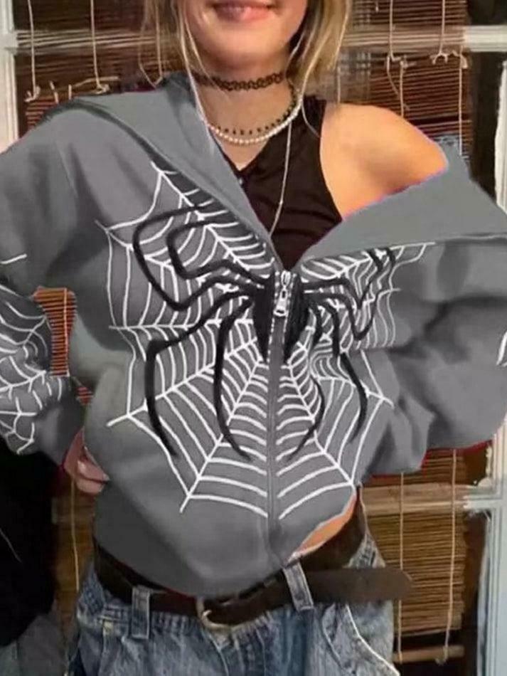 Spider Print Zip-Up Hoodie - Y2K Aesthetic Fashion - Coquette Grunge Outfit Spider Print Zip-Up Hoodie - Y2K Aesthetic Fashion - Coquette Grunge Outfit