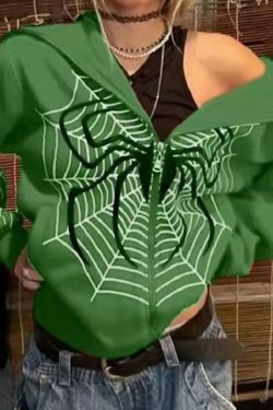 Spider Print Zip-Up Hoodie - Y2K Aesthetic Fashion - Coquette Grunge Outfit
