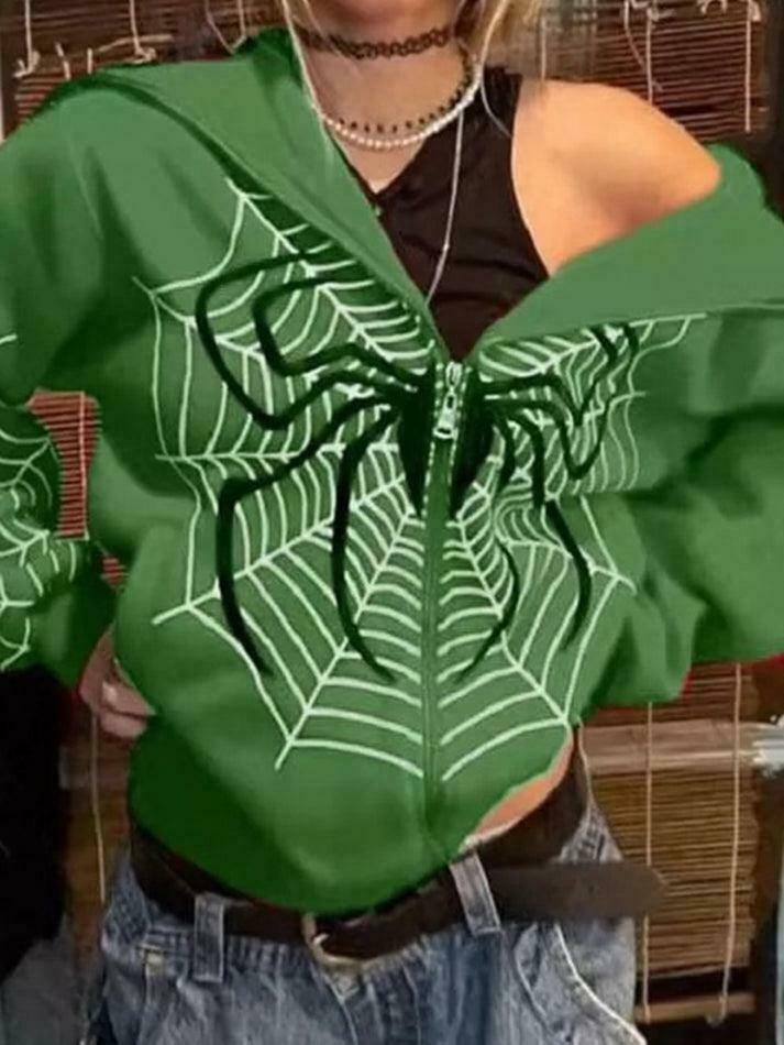 Spider Print Zip-Up Hoodie - Y2K Aesthetic Fashion - Coquette Grunge Outfit Spider Print Zip-Up Hoodie - Y2K Aesthetic Fashion - Coquette Grunge Outfit