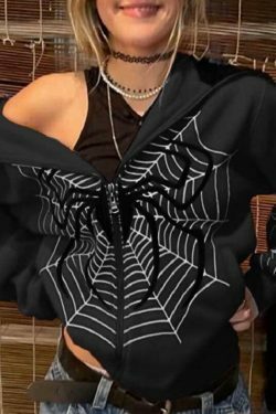 Spider Print Zip-Up Hoodie - Y2K Aesthetic Fashion - Coquette Grunge Outfit