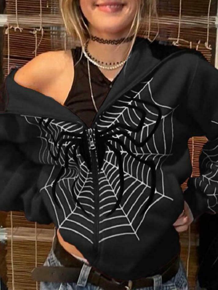 Spider Print Zip-Up Hoodie - Y2K Aesthetic Fashion - Coquette Grunge Outfit Spider Print Zip-Up Hoodie - Y2K Aesthetic Fashion - Coquette Grunge Outfit