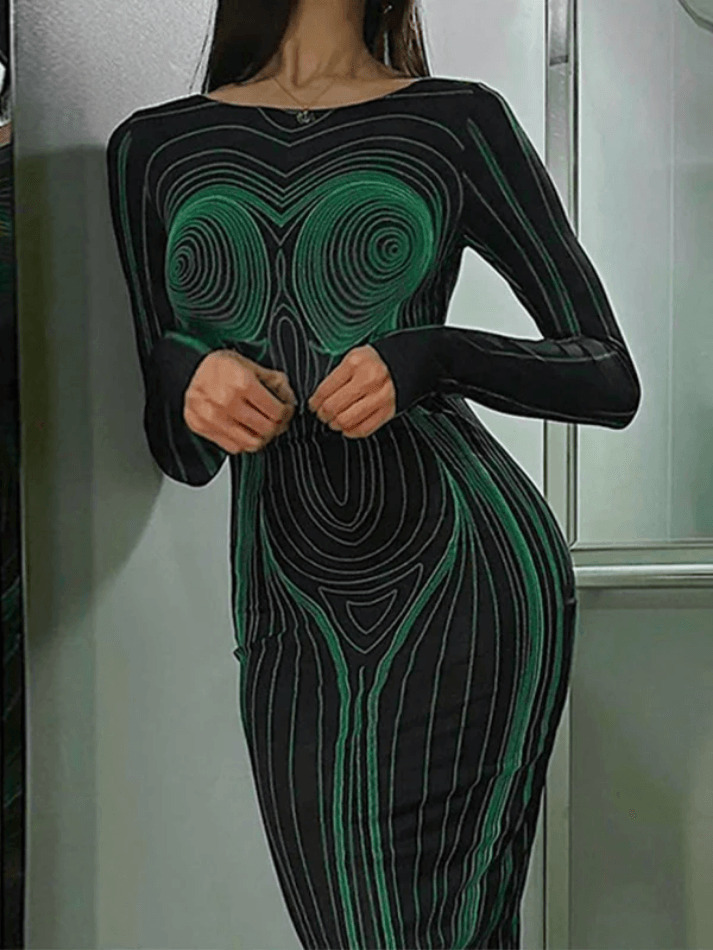 Spiral Line Print Maxi Dress: Y2K Aesthetic Long Sleeve Fashion for Women Spiral Line Print Maxi Dress: Y2K Aesthetic Long Sleeve Fashion for Women