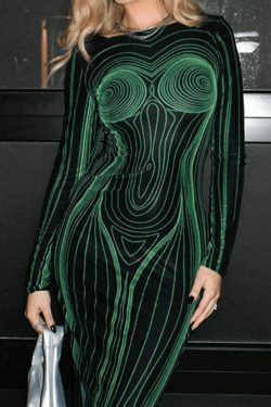 Spiral Line Print Maxi Dress: Y2K Aesthetic Long Sleeve Fashion for Women