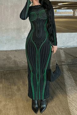 Spiral Line Print Maxi Dress: Y2K Aesthetic Long Sleeve Fashion for Women