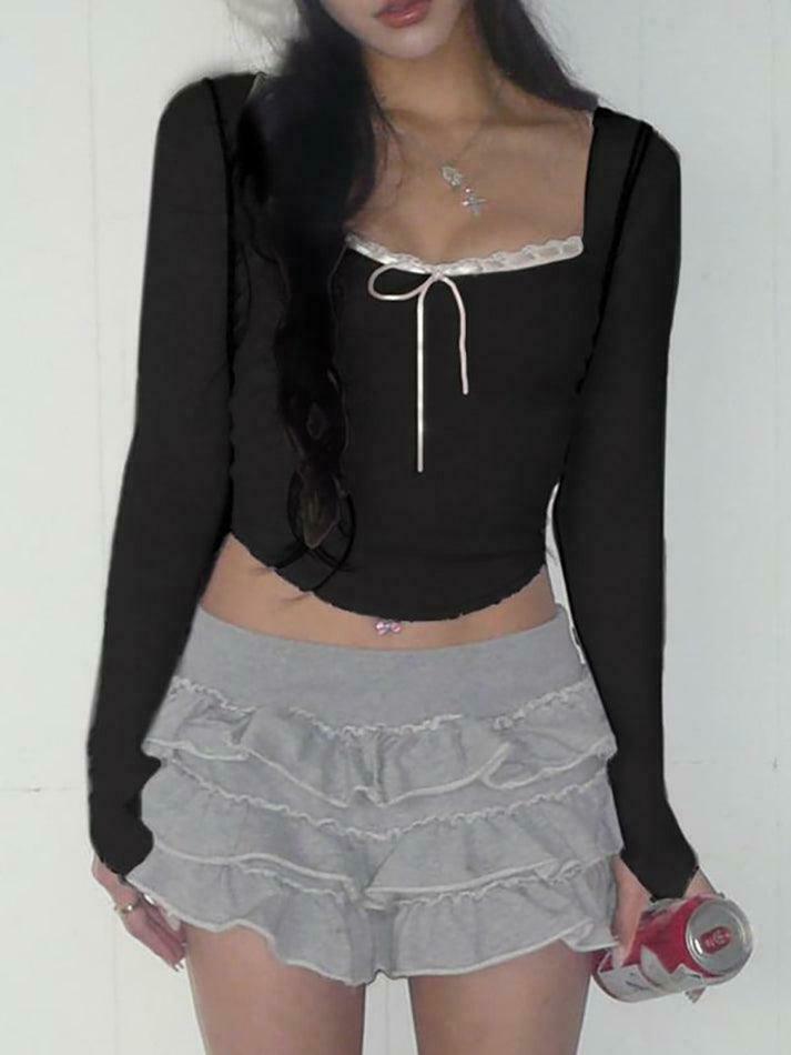 Square-Neck Lace-Trim Crop Top: Y2K Aesthetic with Coquette Style and Grunge Vibes Square-Neck Lace-Trim Crop Top: Y2K Aesthetic with Coquette Style and Grunge Vibes